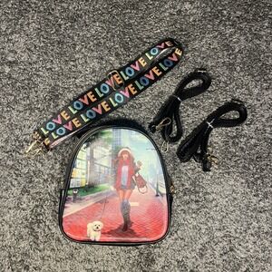 Mini Backpack Girl W/ Dog Walking In The City Love Adjustable Strap Black
